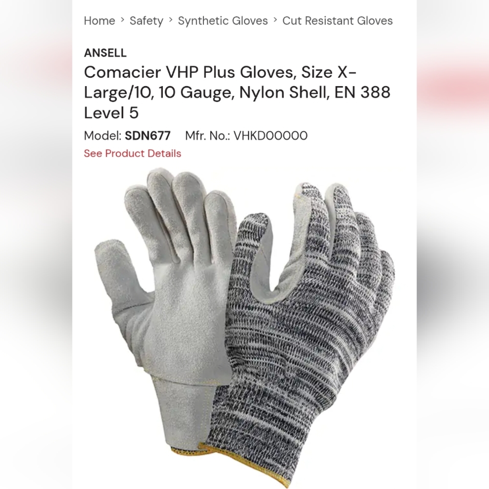 🔵 Comacier VHP Plus Cut Resistant Gloves - Gray/White Size Large